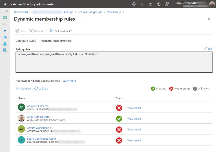 Testing the membership rule for a dynamic Azure AD group to find all user accounts