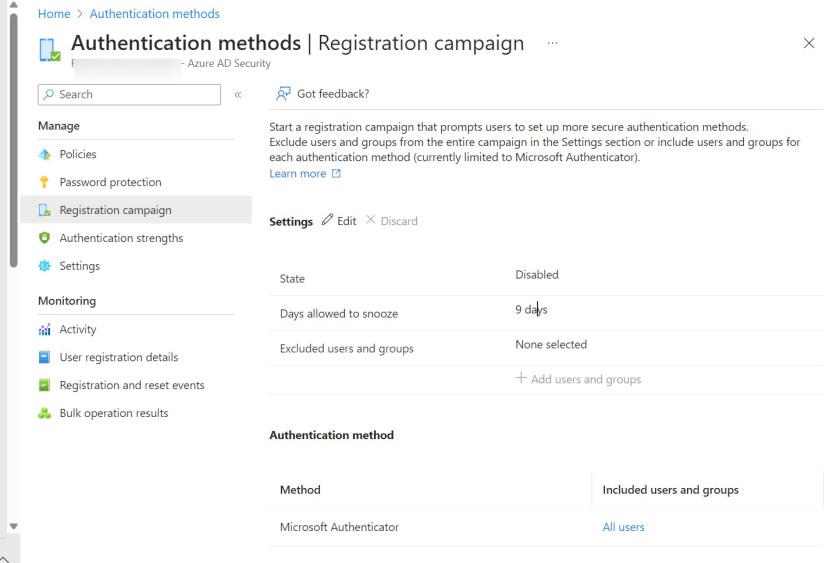 Settings for an Entra ID authentication registration campaign