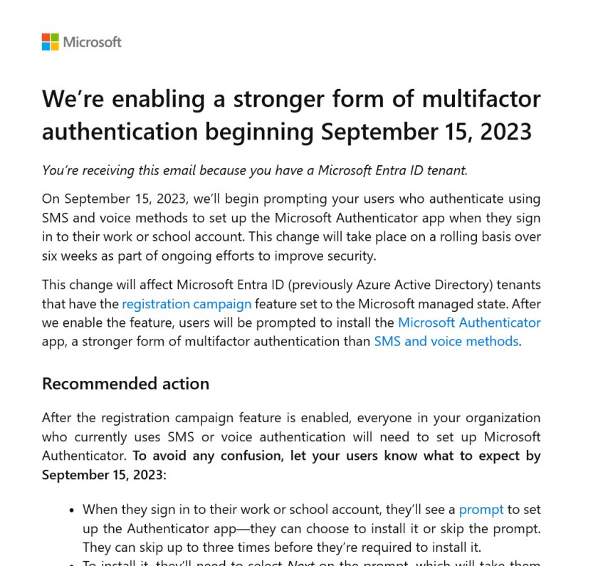 Microsoft email announcing the start of a registration campaign