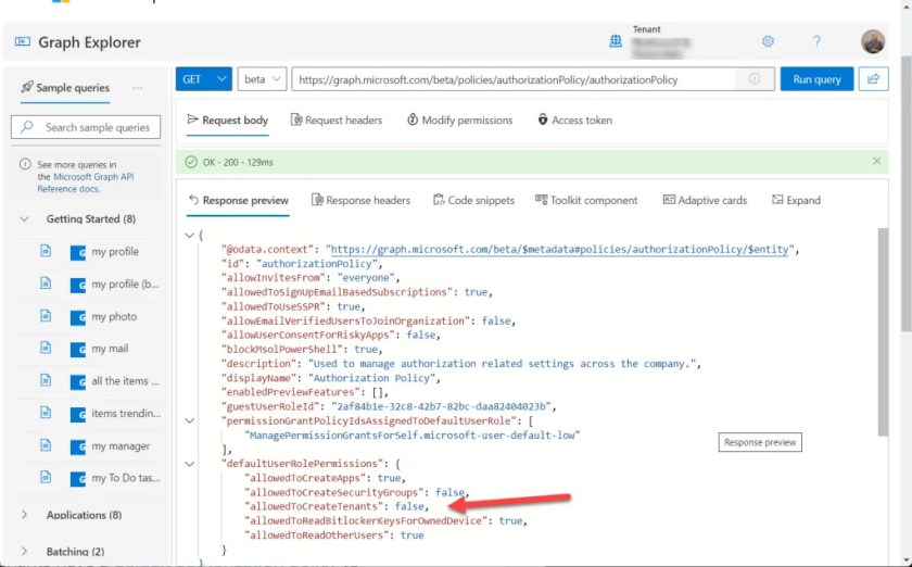 Viewing the default Azure AD authorization policy through Graph Explorer