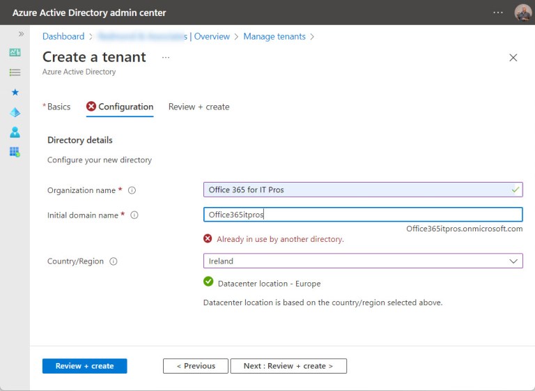 A problem with Azure AD tenant creation