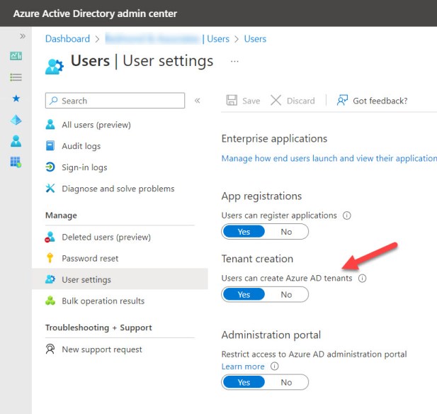 The setting to control if users can create new Azure AD tenants

Azure AD tenant creation