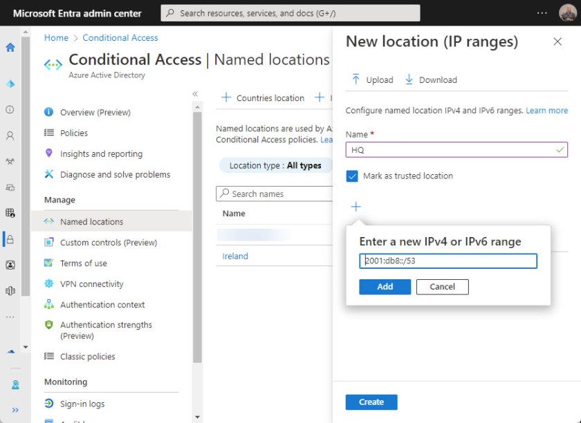 Adding an IPv6 address range for an Azure AD named location

Azure AD IPv6