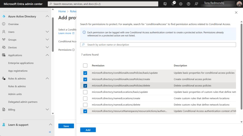 Selecting protected actions to link to an authentication context