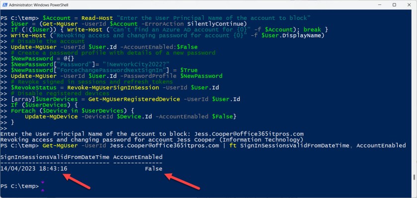 Running PowerShell to revoke access for an Entra ID account.