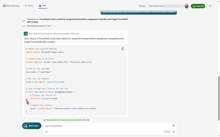 Using Bing Chat Enterprise to write PowerShell