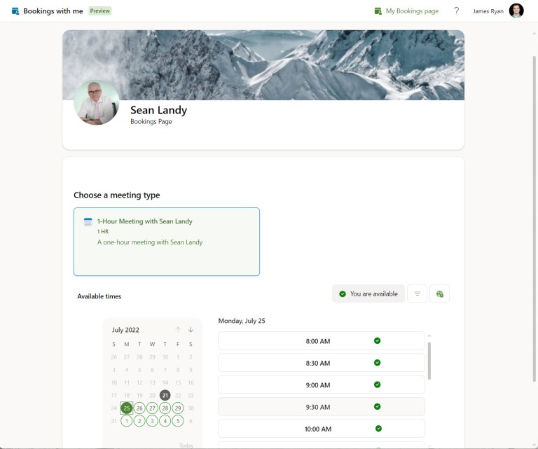 Booking a meeting through a personal bookings page