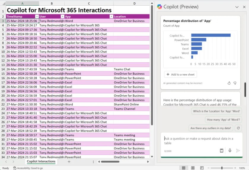 Using Copilot for Excel to analyze audit events