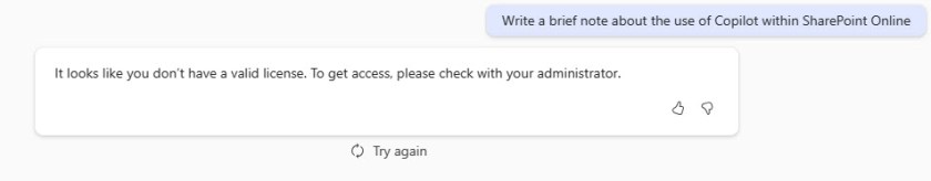 Microsoft Copilot chat discovers that it doesn't have a license.