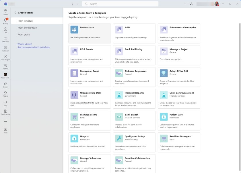 Options to create a new team from templates.
