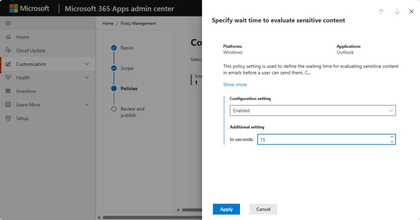 Configuring a cloud policy to specify a wait time for sensitive content.