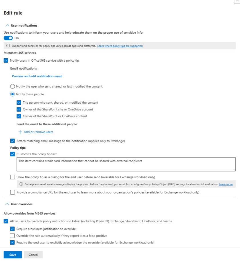 DLP rule configured to allow an override