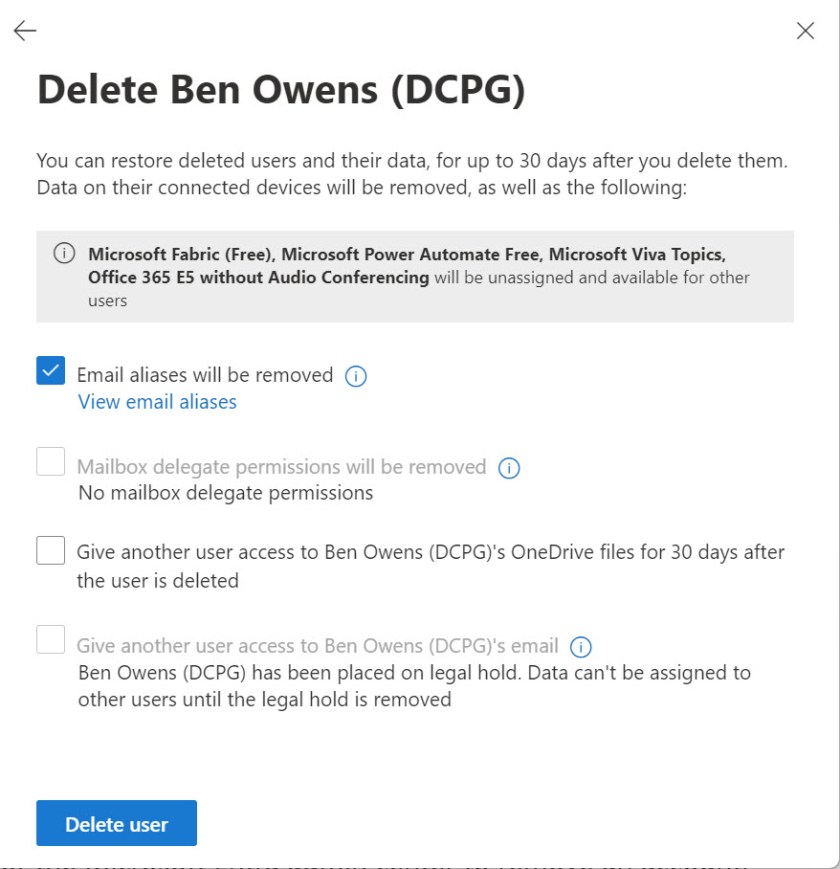 Steps in the Microsoft 365 admin center account deletion process