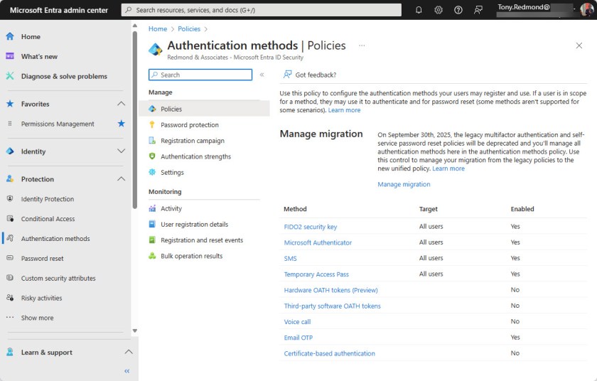 Entra ID authentication methods.