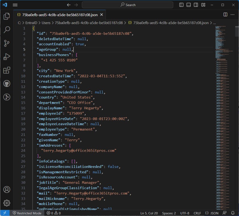 JSON properties of a user account generated by EntraExporter