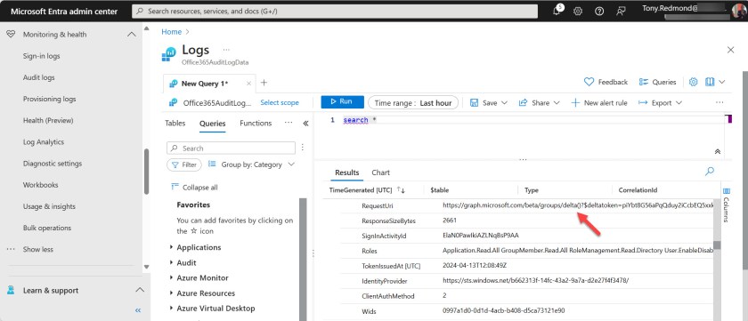 Checking a Microsoft Graph activity log record in the Entra admin center.