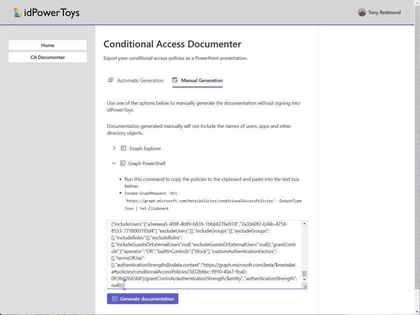 Pasting conditional access policy settings into IdPowerToys to generate documentation manually