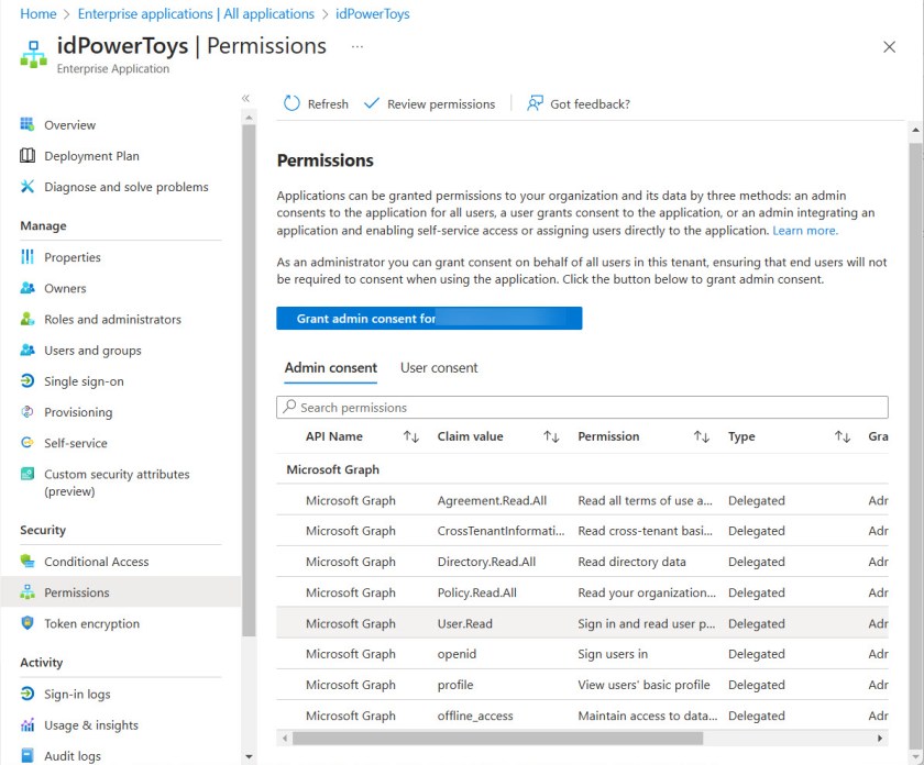 Permissions assigned to the IdPowerToys app