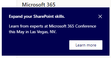 In-product message for the Microsoft 365 conference