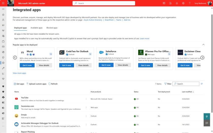 Integrated apps in the Microsoft 365 admin center.