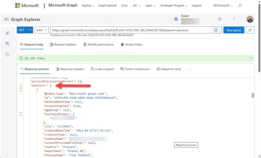 Getting sponsor information for a guest account with the Graph Explorer