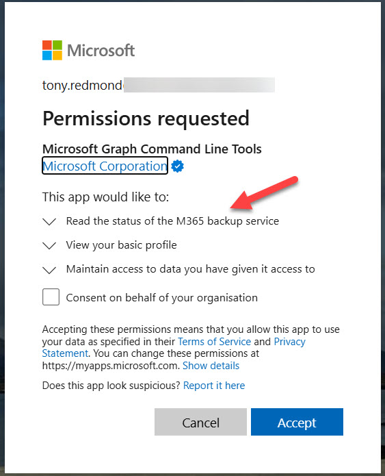 Granting consent for permission to use Microsoft 365 Backup APIs.

Usage Reports API