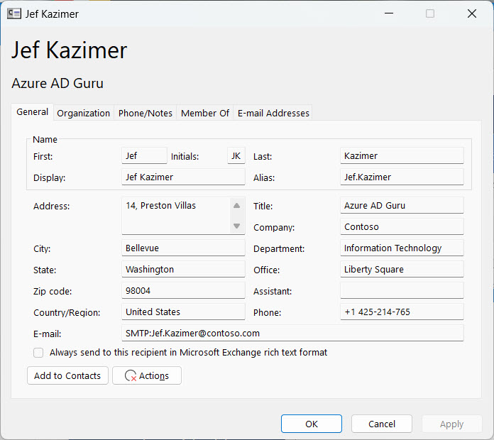 A fully-populated mail contact as seen by Outlook for Windows
