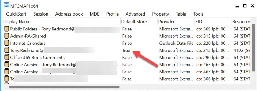 A set of message stores available in MFCMAPI