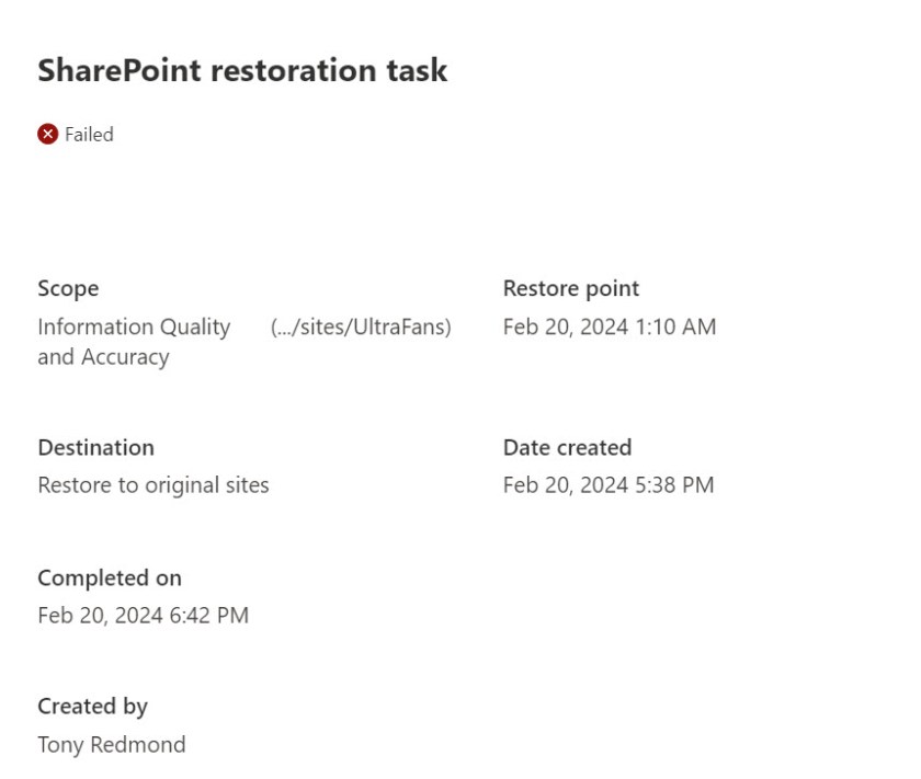 Details of a failed attempt to restore a SharePoint Online site.