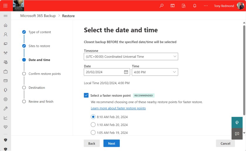 Selecting a restore point for Microsoft 365 Backup.