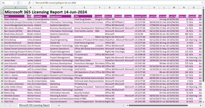 Microsoft 365 Licensing Report in an Excel worksheet.