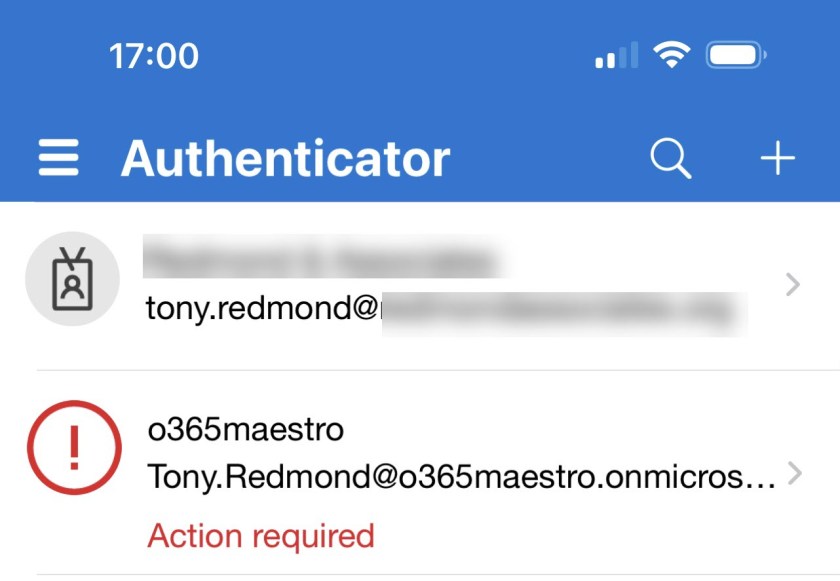 The Microsoft Authenticator app flags that action is needed to fix an account