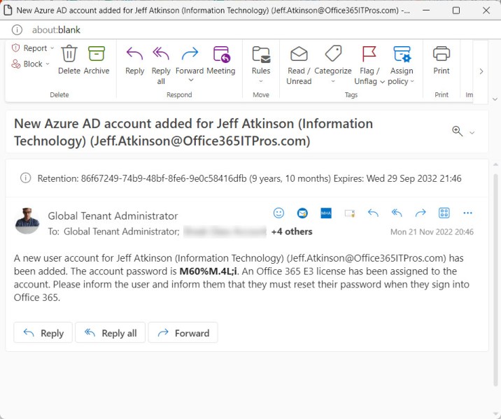 Email notification about the creation of a new Azure AD user account

Azure AD account creation