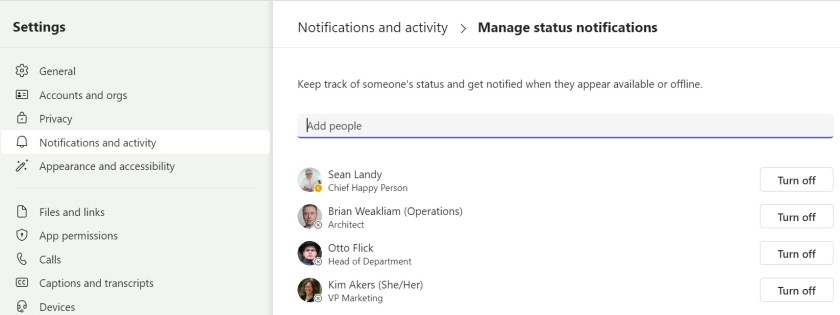 Managing status notifications for user accounts.