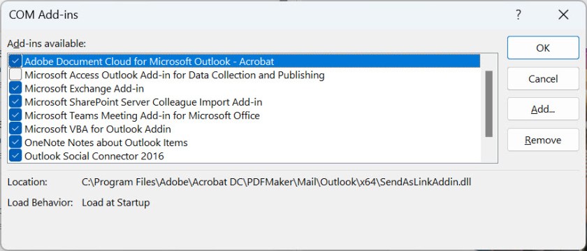 Outlook add-ins listed by the client.