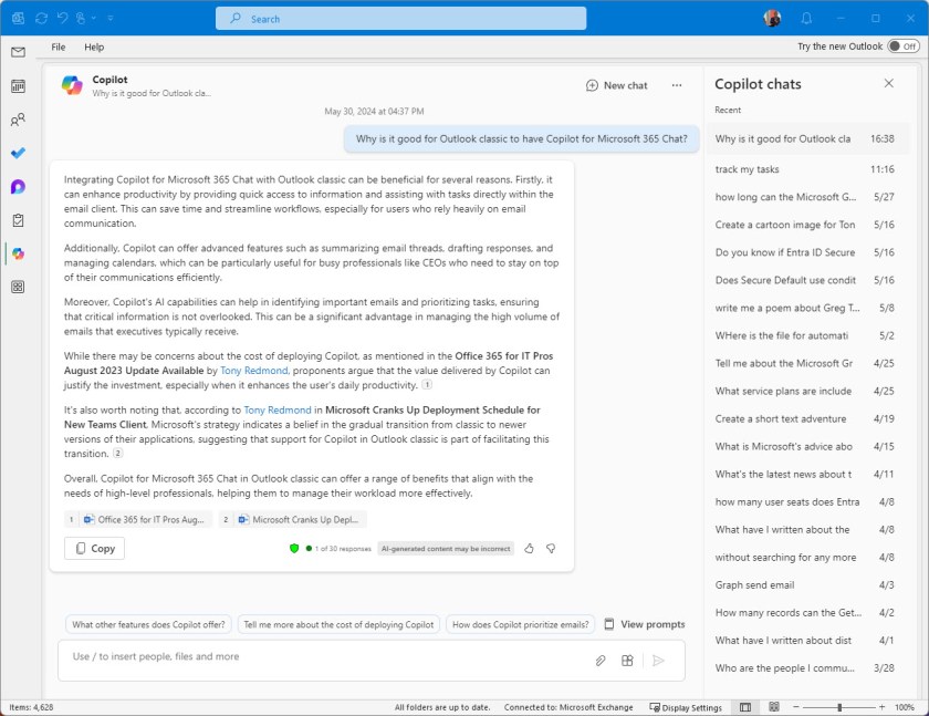 Outlook classic gets Copilot for Microsoft 365 chat