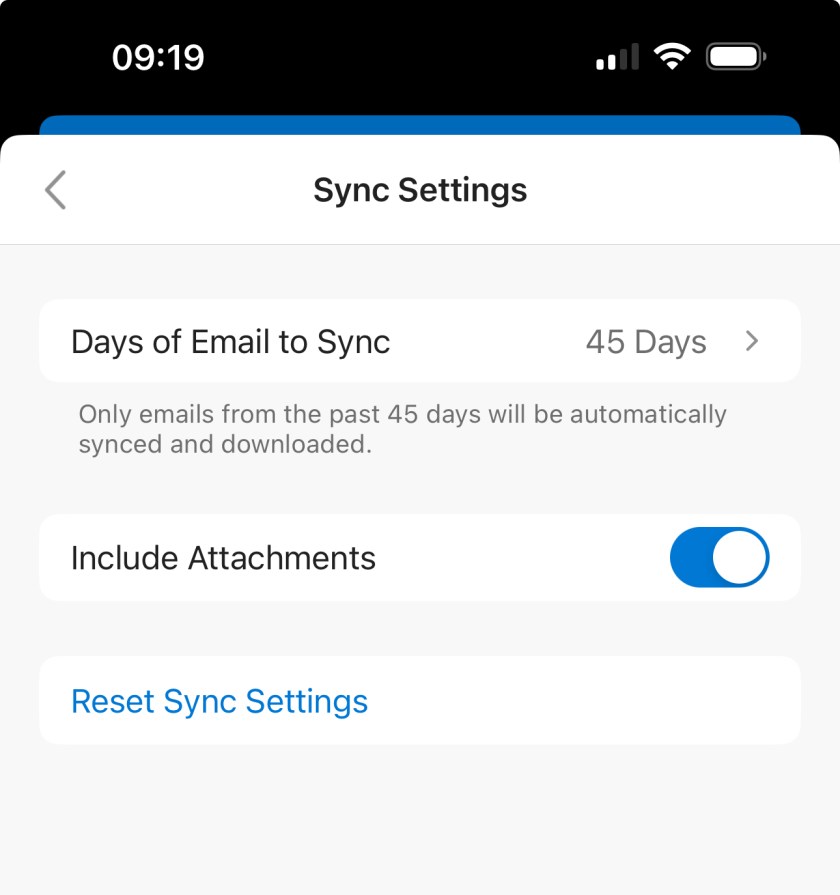 Opting to include attachments in Outlook mobile synchronization