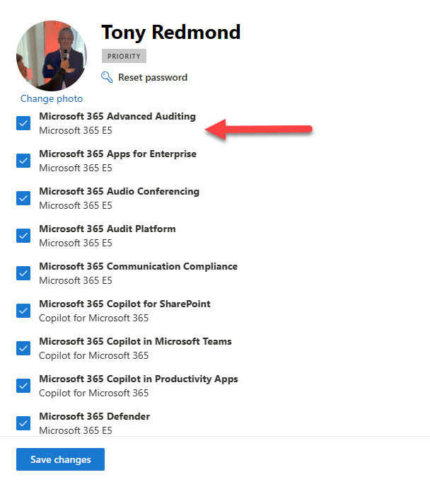 Microsoft 365 advanced auditing app listed for an account in the Microsoft 365 admin center.

Mailbox audit configuration