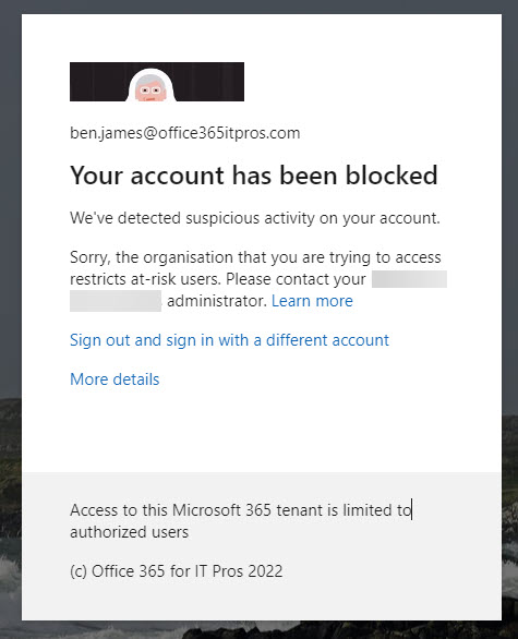 Entra ID blocks a risky user from making a connection