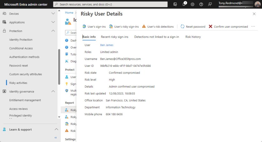 Details of a risky user in Entra ID Identity Protection

Entra ID risky users