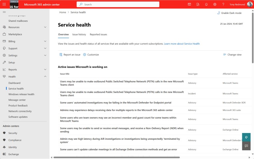 Service Health information viewed in the Microsoft 365 admin center.

Microsoft 365 service health data.