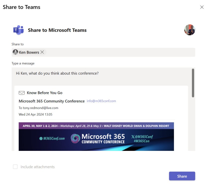 Using the Share to Teams Outlook add-in.