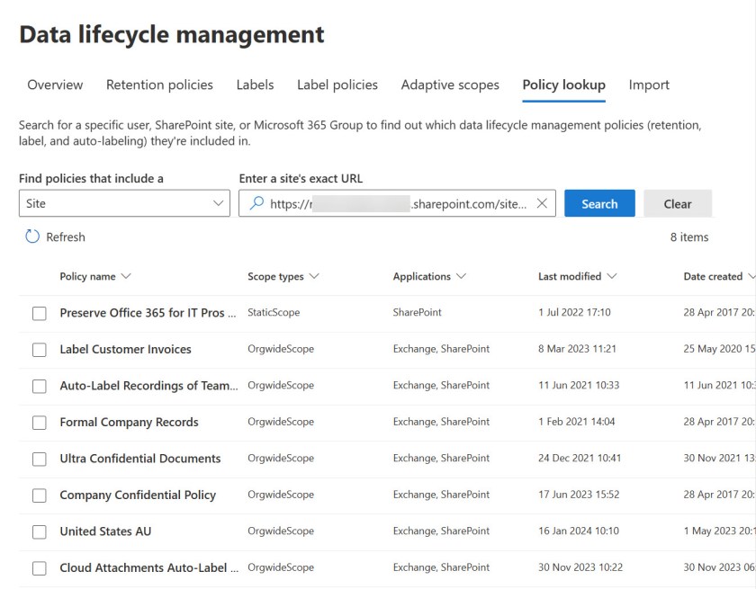 Checking retention policies for a SharePoint Online site.