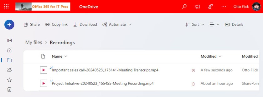 iles for a Teams meeting transcript and a meeting recording stored in OneDrive for Business.

Teams meeting transcripts