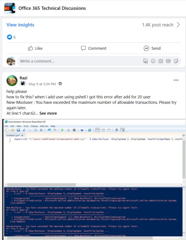 Figure 2: The woes of throttling hit the New-MsolUser cmdlet