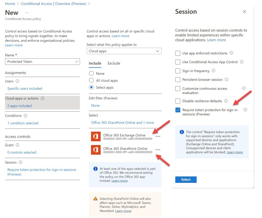 Parts of a conditional access policy with token protection