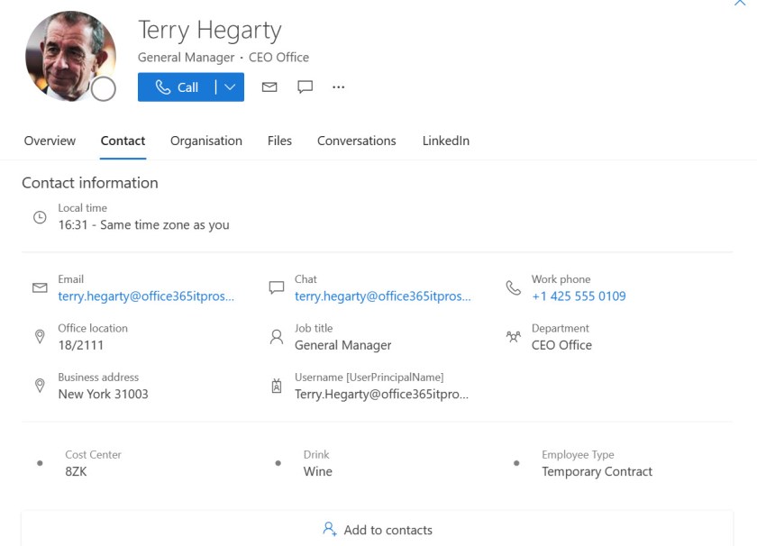 Custom properties shown on the Microsoft 365 user profile card