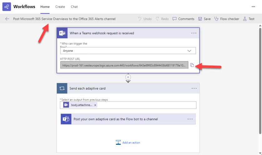 Steps for the post to a channel when a webhook request is received workflow in the Teams workflow app.